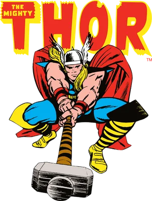 Hình ảnh Thần Sấm Thor trong trang phục chiến đấu, cầm búa Mjolnir, với chữ 'The Mighty Thor' phía trên.
