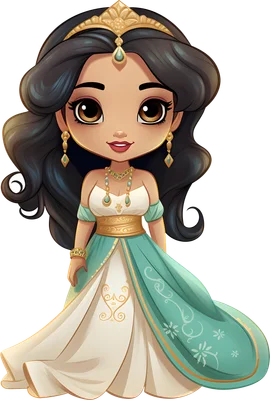 Hình ảnh công chúa Jasmine phiên bản chibi dễ thương với trang phục xanh ngọc và phụ kiện vàng lấp lánh.