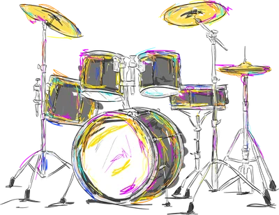 Hình ảnh phác thảo bộ trống jazz với các nét vẽ màu sắc sặc sỡ trên nền xám.