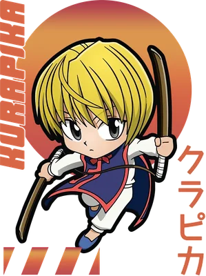 Hình vẽ chibi nhân vật Kurapika từ Hunter x Hunter, tóc vàng, mặc trang phục xanh trắng, cầm hai cây gậy, có chữ Nhật.