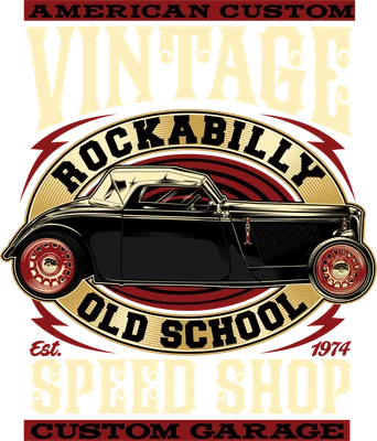 Hình ảnh xe hơi cổ điển màu đen phong cách Rockabilly Old School Speed Shop, có chữ "VINTAGE" và "SPEED SHOP"