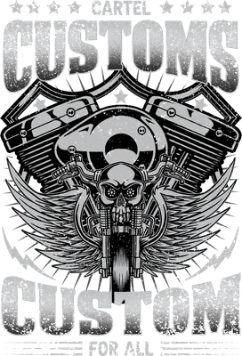 Hình in đầu lâu xe mô tô phong cách biker bụi bặm với cánh chim và chữ Customs