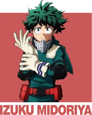 Hình vẽ Izuku Midoriya, nhân vật anime với mái tóc xanh lá, đeo mặt nạ và găng tay, chuẩn bị chiến đấu.