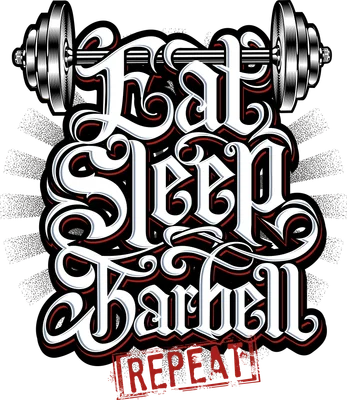 Hình in chuyển nhiệt chữ 'Eat Sleep Barbell Repeat' với tạ đòn và phong cách gothic.