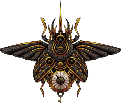 Hình minh họa bọ cánh cứng phong cách steampunk, với các chi tiết bánh răng, đồng hồ và chìa khóa, màu đen và vàng.