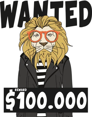 Hình minh họa sư tử đeo kính đỏ mặc áo khoác da phong cách Wanted poster