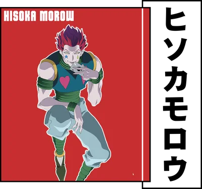 Hình vẽ chibi nhân vật Hisoka Morow từ anime Hunter x Hunter, mặc trang phục xanh teal, quần xanh nhạt, tóc tím.
