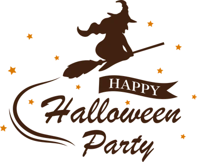 Hình ảnh silhouette phù thủy cưỡi chổi bay, có chữ Happy Halloween Party và các ngôi sao nhỏ màu cam trên nền xám.
