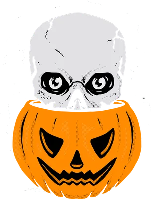 Hình minh họa đầu lâu trắng đặt trong bí ngô Halloween khắc mặt cười đáng sợ, trên nền xám.