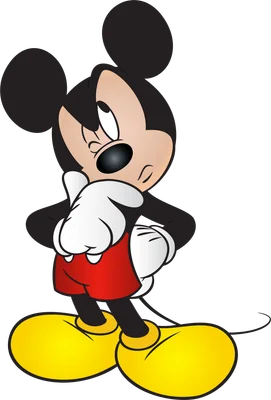 Hình ảnh Mickey Mouse hoạt hình cổ điển với biểu cảm suy tư, một tay đặt lên cằm, quần đỏ và giày vàng.