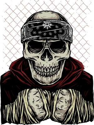 Hình ảnh đầu lâu đội khăn bandana đen trắng, mặc áo choàng đỏ, hai tay nắm chặt.