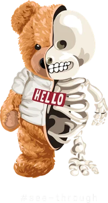 Hình ảnh gấu bông nửa xương nửa thịt với áo Hello, thể hiện sự đối lập giữa bên ngoài và bên trong.