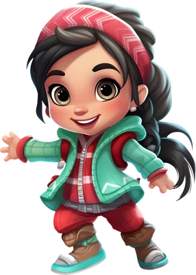 Hình ảnh cô bé hoạt hình chibi dễ thương, tóc đen, mặc áo khoác xanh mint, quần đỏ, đang mỉm cười vui vẻ trên nền xám.