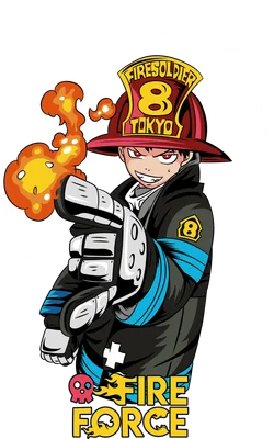 Nhân vật Shinra Kusakabe từ anime Fire Force, đội mũ lính cứu hỏa, phun lửa từ tay, trên nền xám có chữ Nhật.