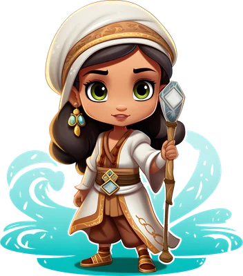 Hình ảnh cô gái chibi phong cách Ả Rập dễ thương, mặc trang phục trắng vàng, đội khăn turban, cầm quyền trượng, với sóng nước màu xanh.