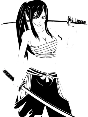 Hình vẽ anime cô gái tóc đen dài, mặc trang phục chiến binh Nhật Bản, cầm hai thanh kiếm katana, biểu cảm quyết đoán.