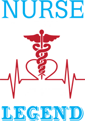 Hình ảnh chữ 'NURSE THE MAN THE MYTH THE LEGEND' với biểu tượng y tế caduceus và nhịp tim.
