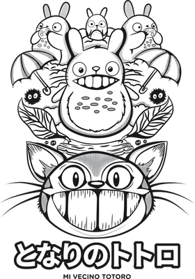 Hình vẽ đen trắng các nhân vật Totoro và bạn bè dễ thương, một số cầm ô, trên nền xám.