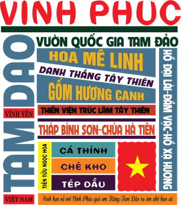 Thiết kế typography về Vĩnh Phúc với các địa danh, đặc sản và lá cờ Việt Nam, chữ màu đỏ, vàng, xanh trên nền xám.