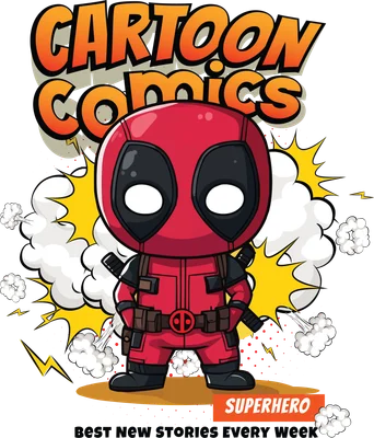 Hình ảnh Deadpool phiên bản chibi dễ thương, mặc trang phục đỏ đen đặc trưng, đứng giữa hiệu ứng khói và tia sét.