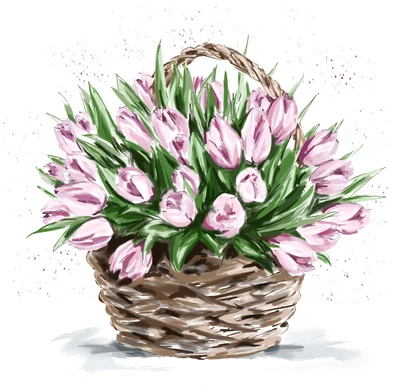 Giỏ mây đan đầy hoa tulip màu hồng tươi tắn, lá xanh mướt, trên nền xám có các đốm trắng.