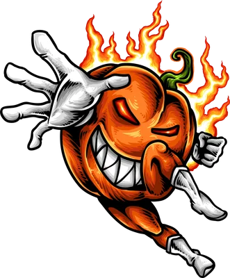 Hình minh họa bí ngô Halloween có tay chân đang chiến đấu với ngọn lửa rực cháy phía sau