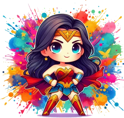 Hình ảnh Wonder Woman phiên bản chibi dễ thương với trang phục siêu anh hùng, đứng trước nền màu sắc rực rỡ.