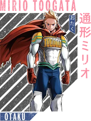 Hình vẽ Mirio Togata, nhân vật anime với áo choàng đỏ, trang phục anh hùng có số 1000000.