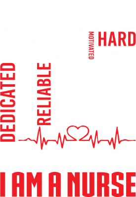 Hình ảnh chữ "STRONG", "INDEPENDENT", "HARD", "DETERMINED", "WORKING", "DEDICATED", "SELFLESS", "RELIABLE", "LOYAL", "LOVING", "COMPASSIONATE", "I AM A NURSE" với biểu tượng nhịp tim và trái tim.