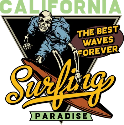 Hình minh họa bộ xương lướt sóng với chữ California The Best Waves Forever phong cách vintage