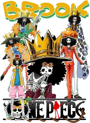 Tổng hợp các tạo hình nhân vật Brook từ anime/manga One Piece, bao gồm Brook chơi guitar, Brook đội vương miện, Brook với trang phục sặc sỡ.
