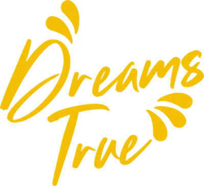 Hình ảnh chữ "Let Your Dreams Come True" với font chữ nghệ thuật, màu vàng và trắng trên nền xám.