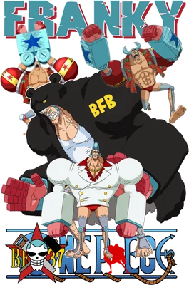 Hình ảnh minh họa các nhân vật Franky và biểu tượng băng Mũ Rơm từ One Piece.