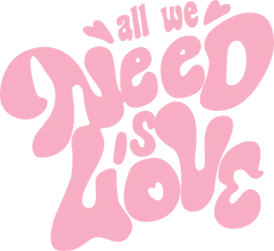Hình ảnh typography với dòng chữ 'All We Need Is Love' màu hồng nhạt, phong cách groovy, trên nền xám.