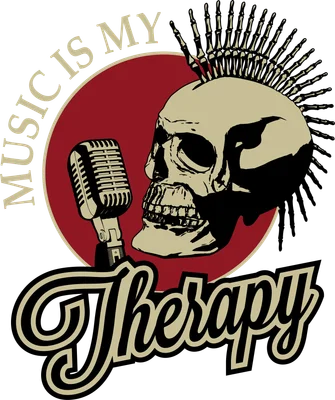 Hình ảnh đầu lâu phong cách punk rock với kiểu tóc mohawk làm từ xương ngón tay, bên cạnh là micro cổ điển và dòng chữ "Music is My Therapy".