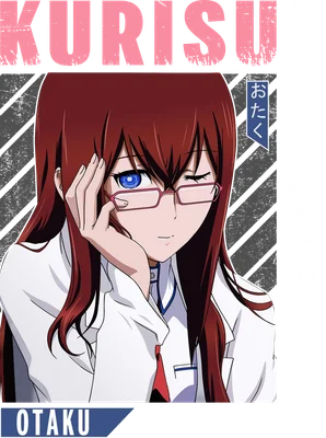 Hình ảnh anime Kurisu Makise đeo kính đỏ, nháy mắt, tóc nâu đỏ, mặc áo blouse trắng, có chữ KURUSU và Steins;Gate.
