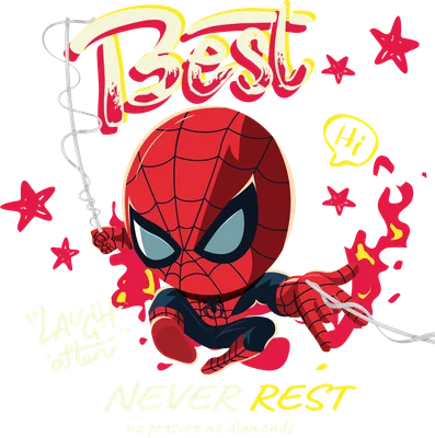 Hình ảnh chibi Spider-Man màu đỏ đen, đang ngồi bắn tơ, có chữ 'Best', 'Hi', 'Laugh often', 'NEVER REST'