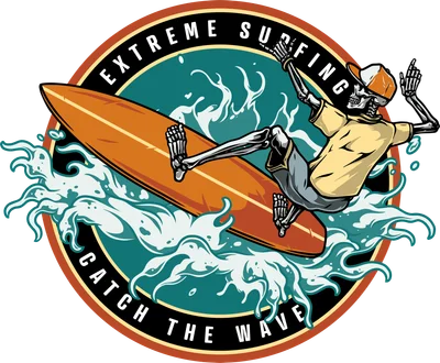 Hình minh họa bộ xương đang lướt sóng trên ván màu cam, xung quanh là sóng biển và chữ 'Extreme Surfing Catch The Wave'.