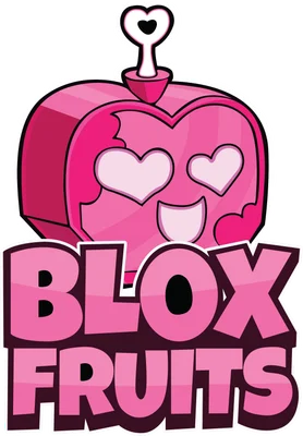 Biểu tượng Blox Fruits hình trái tim màu hồng với đôi mắt trái tim và chữ Blox Fruits bên dưới.