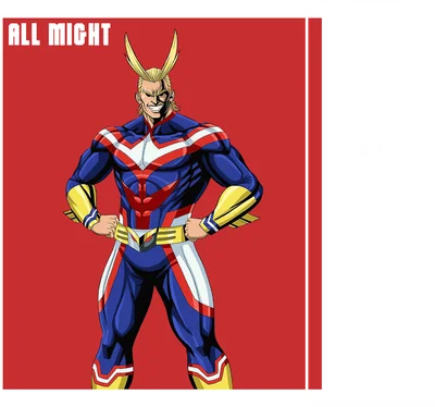 Hình ảnh All Might, nhân vật anime với trang phục anh hùng màu xanh, đỏ, vàng, đứng tạo dáng mạnh mẽ.