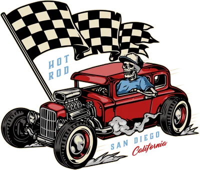 Hình minh họa bộ xương đội mũ lưỡi trai lái xe hot rod màu đỏ, phía sau có cờ đua caro đen trắng và khói xe, chữ Hot Rod, San Diego California.