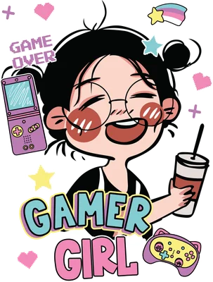 Hình vẽ cô gái đeo kính, tóc búi, tay cầm cốc nước, xung quanh có máy chơi game, tay cầm chơi game, trái tim và ngôi sao.