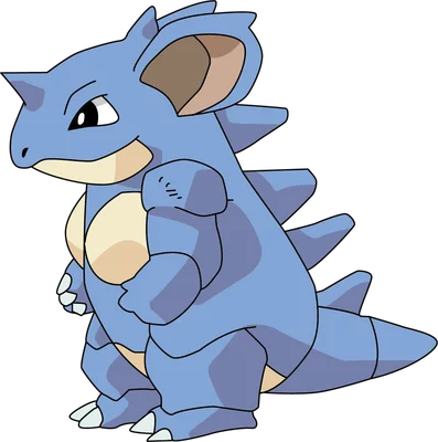 Hình ảnh Nidorino Pokémon màu xanh dương với sừng và gai, đứng nghiêng, phong cách hoạt hình