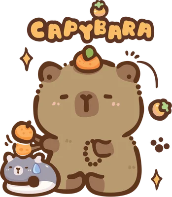 Hình vẽ hoạt hình capybara màu nâu dễ thương đội quả cam trên đầu, bên cạnh là chuột hamster nhỏ đang gánh cam, nền xám.