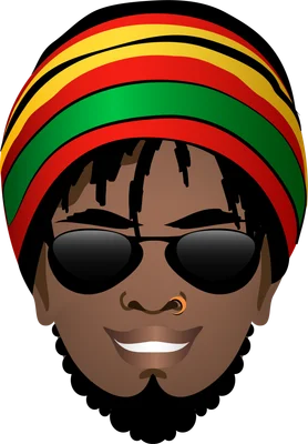 Hình minh họa chân dung người đàn ông với kiểu tóc dreadlock, đội mũ beanie sọc đỏ vàng xanh lá, đeo kính râm đen và khuyên mũi.