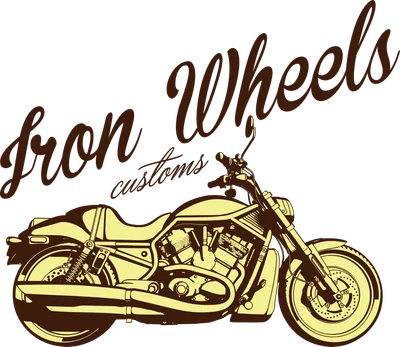 Hình ảnh minh họa xe mô tô Iron Wheels phong cách cổ điển với chữ 'Iron Wheels customs' phía trên.
