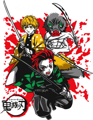 Ba nhân vật anime Kimetsu no Yaiba: Tanjiro, Zenitsu, Inosuke, cầm kiếm, trên nền xám có vệt máu đỏ.