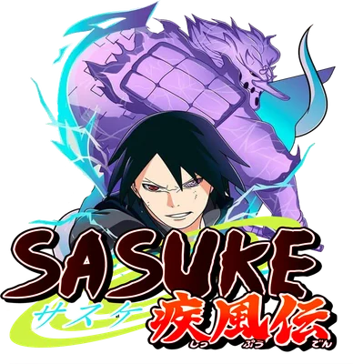 Hình ảnh Sasuke Uchiha với Sharingan và Susanoo màu tím phía sau, có chữ 'SASUKE' và chữ Nhật.