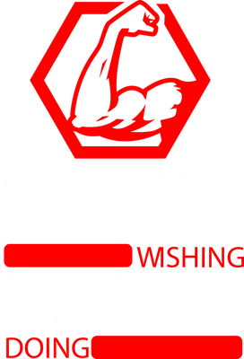 Hình ảnh minh họa cơ bắp cuồn cuộn trong khung lục giác đỏ, kèm thông điệp 'STOP WISHING START DOING'