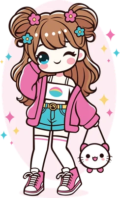 Hình vẽ chibi cô gái tóc nâu hai bím, mắt xanh, mặc áo croptop, quần short jean, áo khoác hồng, đi giày sneaker hồng, tay cầm túi hình mèo dễ thương.